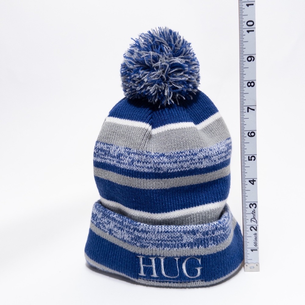 New Era Pom Pom‎ Knit Beanie Gray Blue Striped Winter Hat - Picture 9 of 17